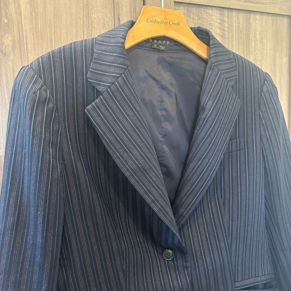 Theory Women’s 12 Blazer Striped Black Blue wool Stretch - Picture 5 of 10
